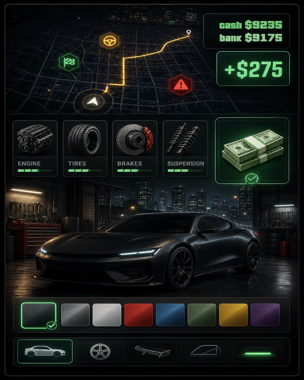 Planned game mode rewards, garage upgrades, and vehicle customization preview